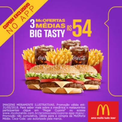 3 McOfertas Médias Big Tasty no McDonald's - R$54