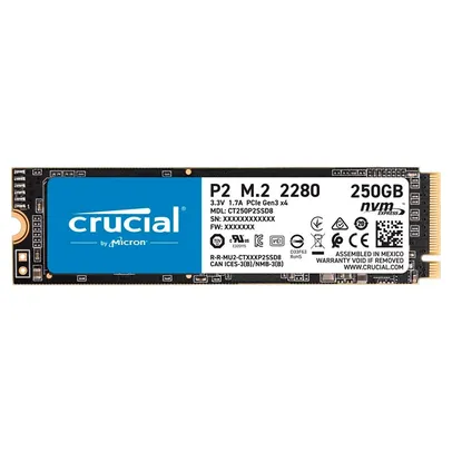 SSD Crucial P2, 250GB, M.2 NVMe, Leituras: 2100Mb/s e Gravações: 1150Mb/s - CT250P2SSD8