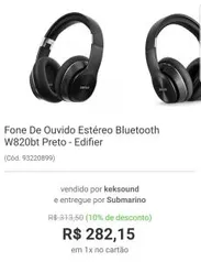 [Ame R$254] Fone De Ouvido Estéreo Bluetooth W820bt Preto - Edifier | R$282