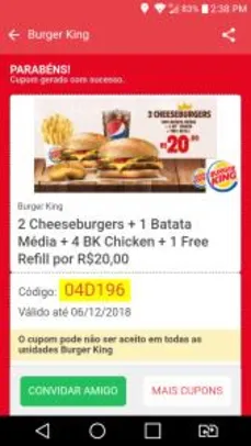 [App BK] 2 Cheeseburgers + 1 Batata Média + 4BK Chicken + 1 Free Refil - R$20