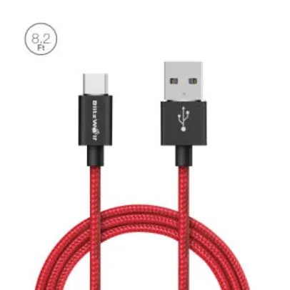 BlitzWolf® BW-TC3 3A USB Type-C Braided Charging Data Cable 8.2ft/2.5m With Magic Tape Strap - Grey & Black por R$ 24