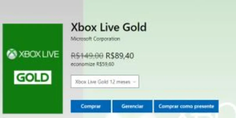 Xbox Live Gold - R$89