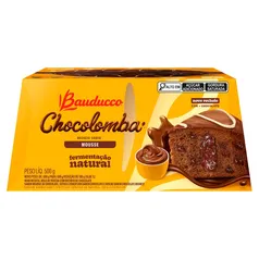 Bolo de Páscoa Gotas de Chocolate, Recheio Mousse de Chocolate e Coberturas Chocolate e Chocolate Branco Bauducco Chocolomba 500g
