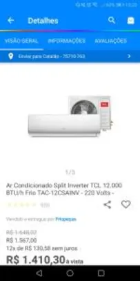 Ar condicionado TCL inverter 12000 btus | R$ 1410