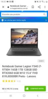 Notebook Gamer Legion Y540 i7-9750H 16GB 1TB 128GB SSD RTX2060