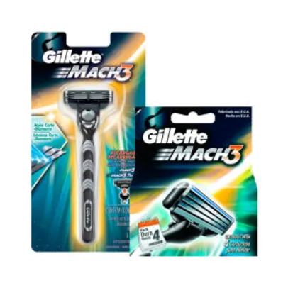 Kit Aparelho de Barbear Gillette Mach3 Regular Grátis Carga Mach3 Com 4 Unidades por $ 13