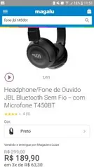 Headphone/Fone de Ouvido JBL Bluetooth Sem Fio - com Microfone T450BT - R$ 190