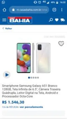 Smartphone Samsung Galaxy A51 Branco 128GB | R$1.546