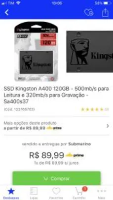 SSD Kingston A400 120GB - R$89