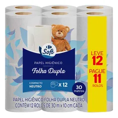 (Levando 10/Regional) Papel Higiênico Folha Dupla Neutro 30 Metros Carrefour Soft Leve 12 Pague 11 Unidades