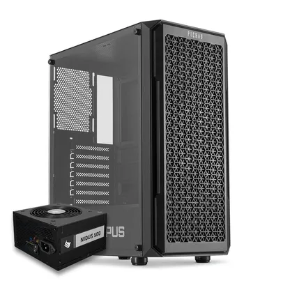 Gabinete Gamer Pichau Apus Black, Mid-Tower, Com 3 Fans, Preto + Fonte Pichau Nidus 500W