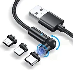 Cabo Magnético 3 em 1 Carregador Usb Para Iphone Samgung Motorola Giratório 540º Com 2 metros Com Todos os Conectores - Micro USB Tipo-C e Lightning