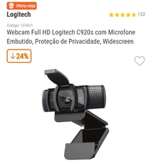Webcam Full HD Logitech C920s com Microfone Embutido,