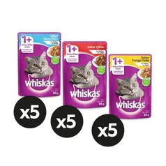 Kit Ração Úmida Whiskas Sachê ao Molho Para Gatos Adultos Atum + Carne + Frango 15x85g