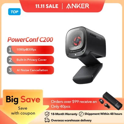 [Moedas R$113/Taxa inclusa] Webcam Anker PowerConf C200 Professional, Resolução 2K - Campo de visão ajustável e Microfone com ANC