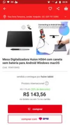 [Internacional] Mesa Digitalizadora Huion HS64 com caneta sem bateria | R$ 147