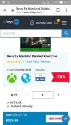 Deus Ex Mankind Divided - Xbox One (76% de desconto) - R$30