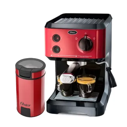 [AME 637,69]Kit Cafeteira Expresso Cappuccino e Moedor de Café Oster Red