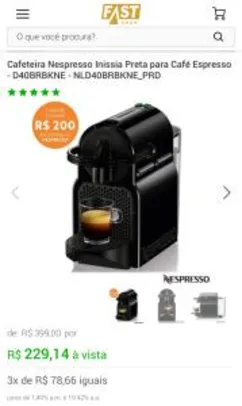Cafeteira Nespresso Inissia Preta - D40BRBKNE - R$ 229,14 - Grátis R$ 200 em cápsula