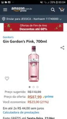 [Frete Prime] grátis Gin Gordon's Pink, 700ml R$88