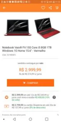 Notebook Vaio® Fit 15S Core i5 8GB 1TB Windows 10 Home 15.6 " | R$2.549