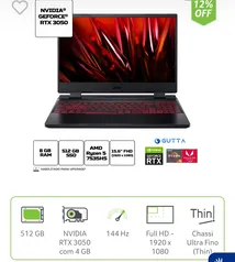 Notebook Acer Nitro 5 Ryzen 5 7535HS Linux 8GB 512GB SSD RTX 3050 15.6” Full HD