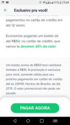 Cash back R$ 10 pagando boleto de até R$50