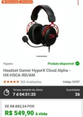 Headset Gamer HyperX Cloud Alpha - R$549