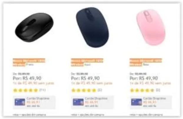 [Shoptime] Mouse Microsoft 1850 Wireless Preto/AZul/Rosa/Pink por R$ 50
