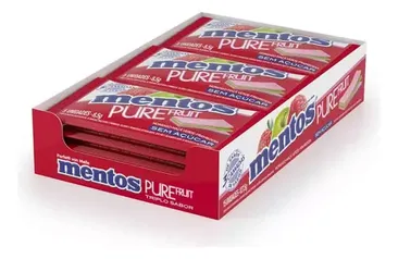 (R$0,96 cada) Display Chiclete Mentos Pure Fruit Morango Maçã Framboesa 15un 8,5g 127,5g