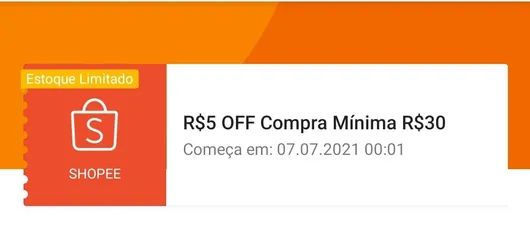 Cupom de R$5 OFF em compras de R$30 ou mais