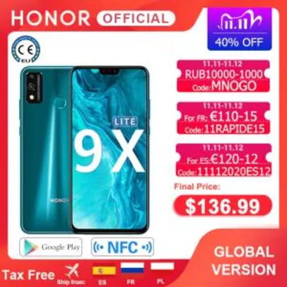 [11/11] Smartphone Honor 9x Lite 4GB 128GB - Versão Global | R$761