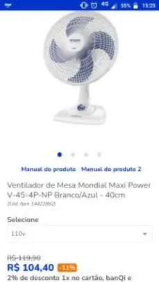 Ventilador de Mesa Mondial Maxi Power V-45-4P-NP Branco/Azul - 40cm - R$104