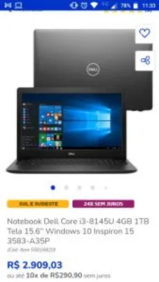 Notebook Dell Core i3-8145U 4GB 1TB Tela 15.6” Windows 10 | R$2909