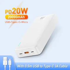 Carregador Portátil PowerBank 20000mah 20w + Cabo USB 2.4A 0.5m | BASEUS