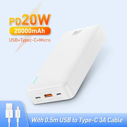 Carregador Portátil PowerBank 20000mah 20w + Cabo USB 2.4A 0.5m | BASEUS