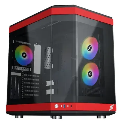 Gabinete Gamer SuperFrame Power Cube, Mid Tower, Vidro Temperado, EATX, Black/Red, Sem Fonte, Sem Fan