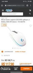 Mouse Gamer Logitech G203 RGB Lightsync, 6 Botões, 8000 DPI, Branco | R$118