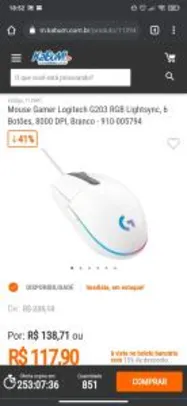 Mouse Gamer Logitech G203 RGB Lightsync, 6 Botões, 8000 DPI, Branco | R$118
