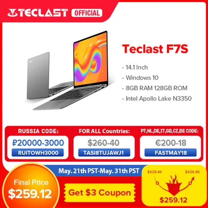 Nootebook Teclast F7S 8GB 128GB R$1.411