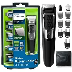 Aparador de pelos Philips Norelco Multigroomer All-in-One Série 3000, 13 peças, sem necessidade de óleo de lâmina.