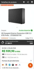 HD Seagate Externo Expansion USB 3.0 8TB Preto - STEB8000100 | R$ 940