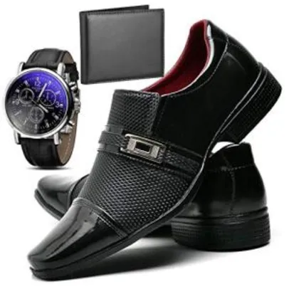 Saindo por R$ 80: Sapato Social Verniz Com Relógio e Carteira Masculino ZARU - R$80 | Pelando