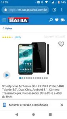 Smartphone Motorola One XT1941 Preto 64GB Tela de 5,9", Dual Chip, Android 8.1, Câmera Traseira Dupla, Processador Octa-Core e 4GB de RAM
