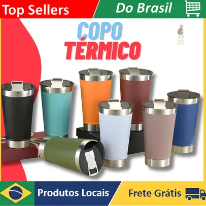 [BR / Frete Grátis] Copo Térmico Aço Inox Sortido Com Tampa Abridor 473mL Bebida Gelada Quente Cerveja