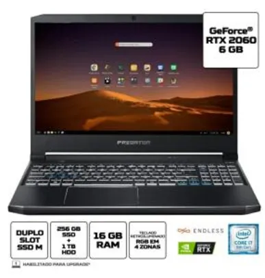 [R$6.922,97 AME + CC Sub] Notebook Gamer Predator PH315-52-79VM Intel Core i7 16GB 256GB SDD 1TB HD RTX 2060 15,6 Linux