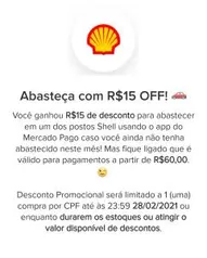 R$15 OFF ACIMA DE R$60 ABASTECIMENTO SHELL