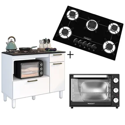 Kit Balcão Cooktop 2 Porta 1 Gav. Branco C/fogão Cooktop Ultrachama 5 Bocas Preto Bivolt e Forno 44 