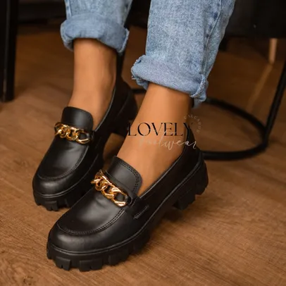 Mocassim Feminino Tratorado Corrente Preto Verniz Confortável Top