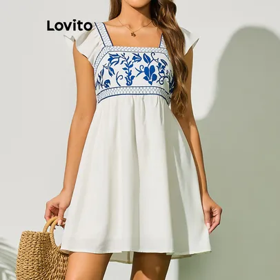 Lovito Vestido boho floral com babados e flores para mulheres LBL09132